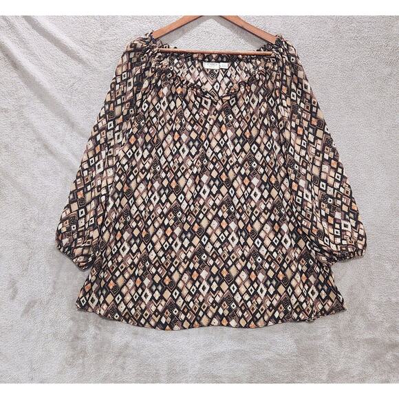 Cato Womens Brown Geometric Print Long Balloon Sleeve Blouse Size 18/20 Flowy - Picture 1 of 12
